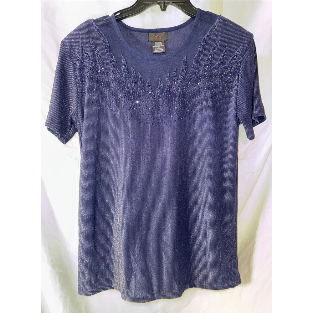 ZIO Women's Blue Retro Metallic Sequined Vintage Top w/Shoulderpads Sz Large EUC